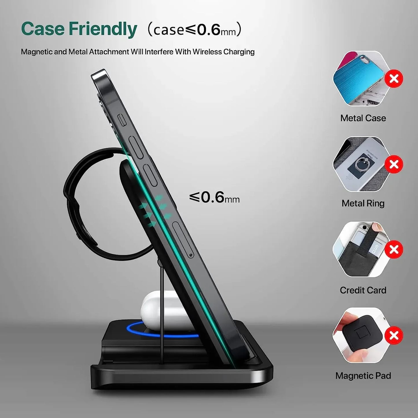 30W LED Fast Wireless Charger Stand 3 in 1 Foldable Charging Station for IPhone 11 Through Apple Watch 9 8 7 6 5 Airpods Pro