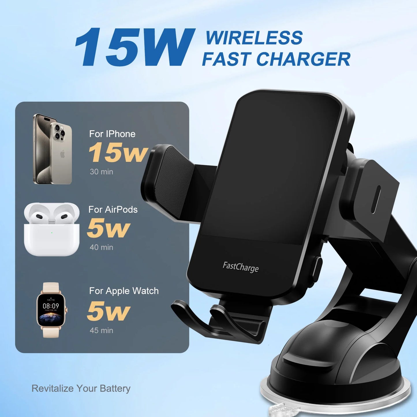 Wireless Fast Car Charger Phone Holder For IPhone 16 15 14 13 12 Pro Max 11 XR XS Samsung Galaxy