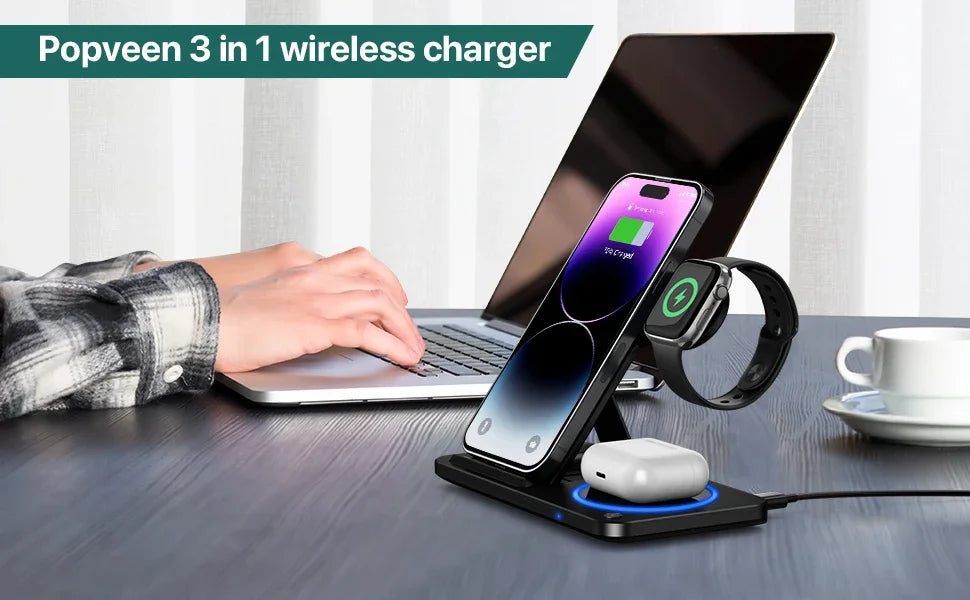 30W LED Fast Wireless Charger Stand 3 in 1 Foldable Charging Station for IPhone 11 Through  Apple Watch 9 8 7 6 5 Airpods Pro