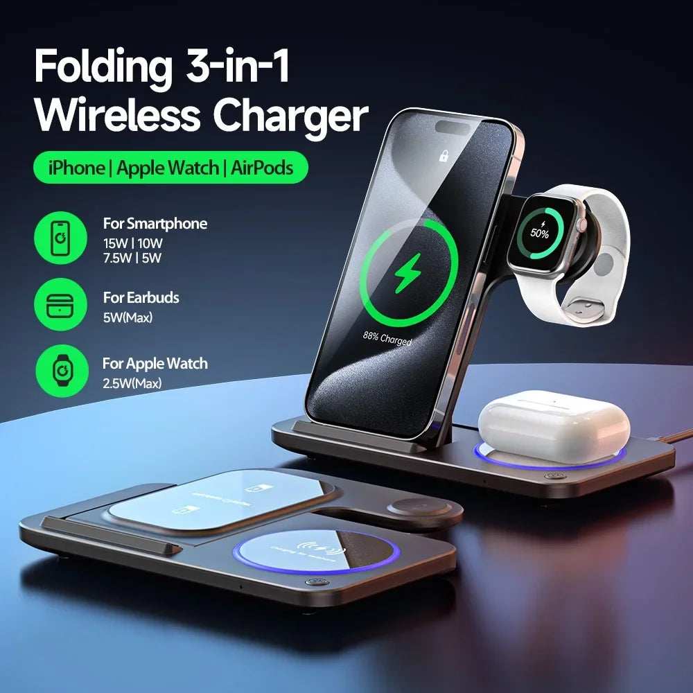30W LED Fast Wireless Charger Stand 3 in 1 Foldable Charging Station for IPhone 11 Through  Apple Watch 9 8 7 6 5 Airpods Pro