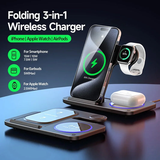 30W LED Fast Wireless Charger Stand 3 in 1 Foldable Charging Station for IPhone 11 Through  Apple Watch 9 8 7 6 5 Airpods Pro