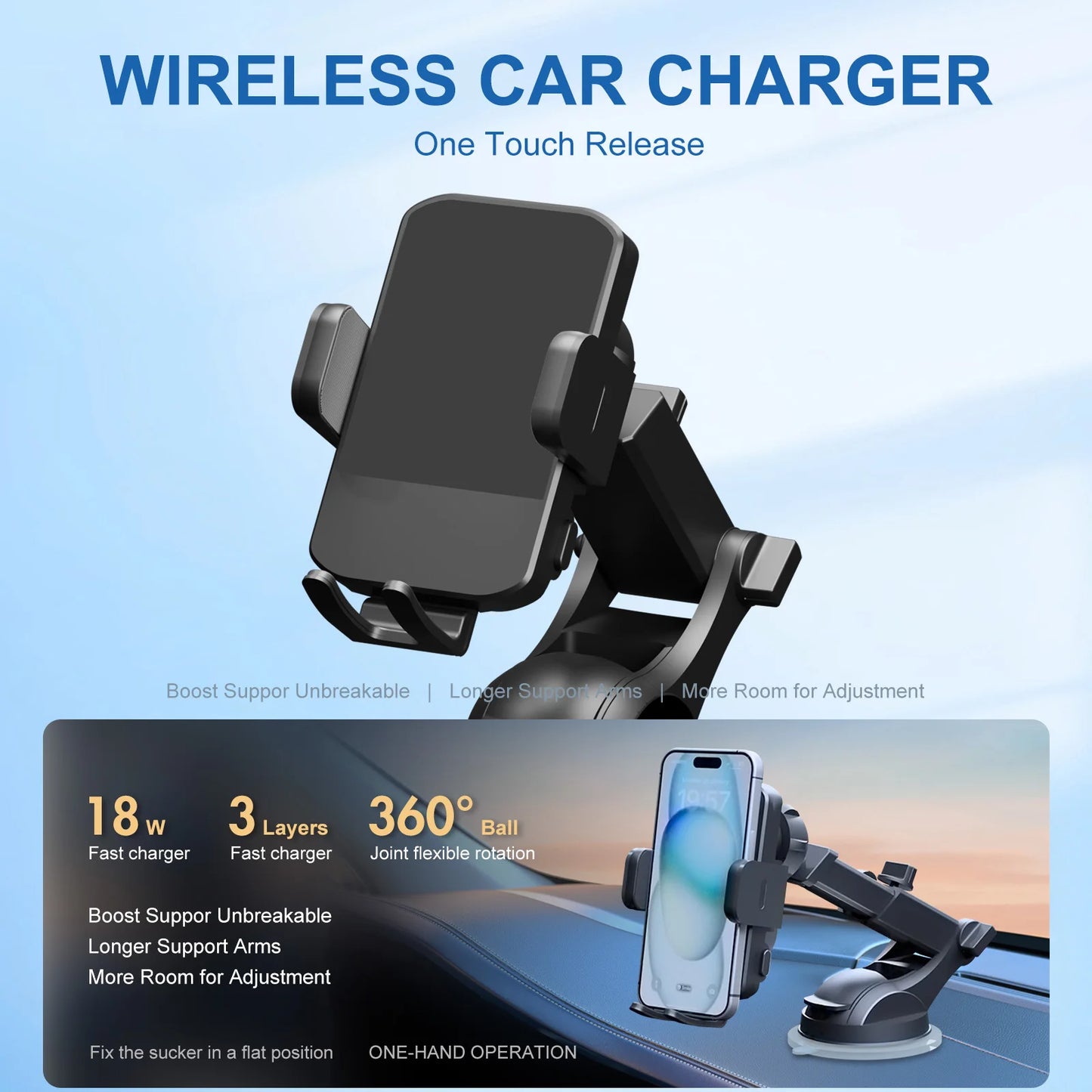 Wireless Fast Car Charger Phone Holder  For IPhone 16 15 14 13 12 Pro Max 11 XR XS Samsung Galaxy