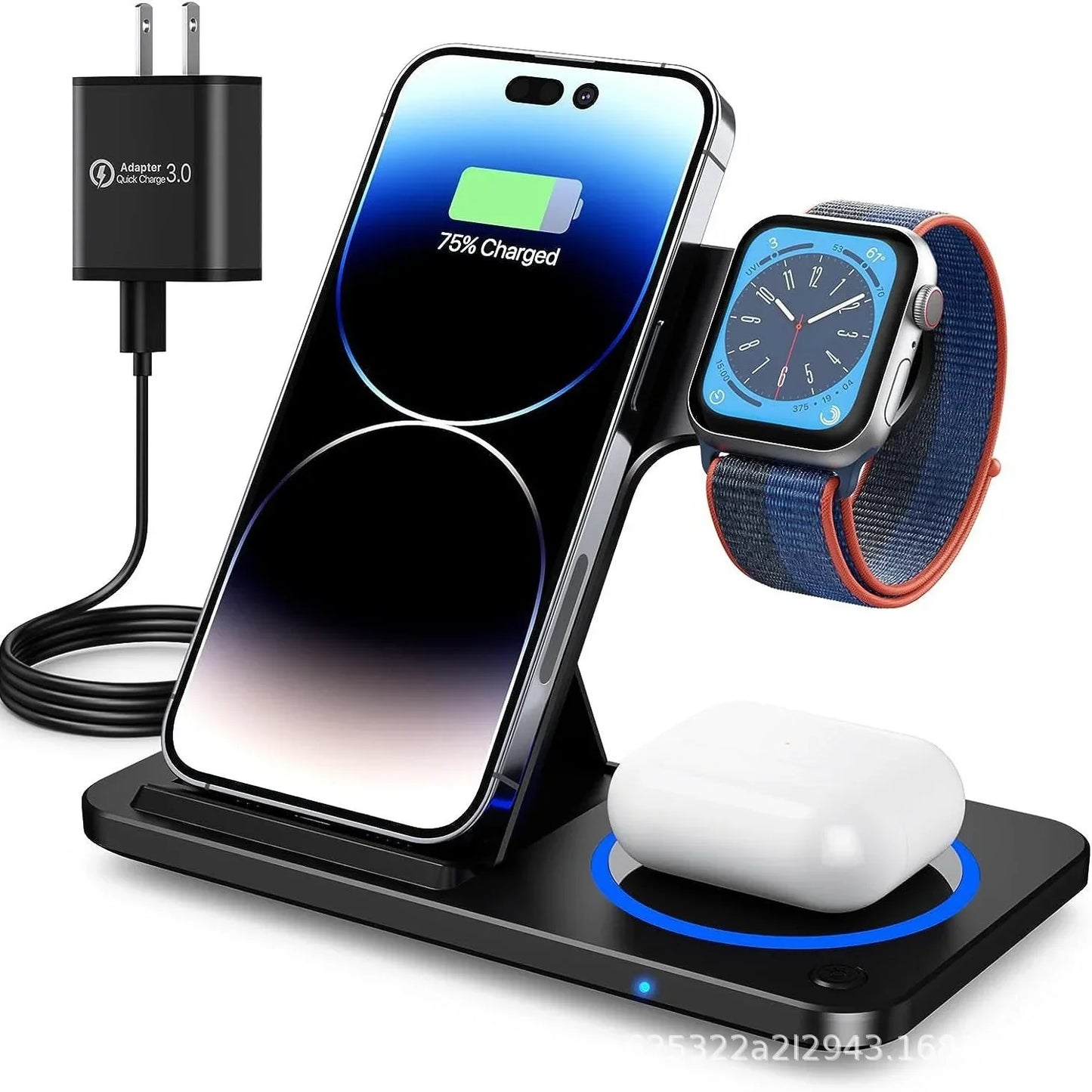 30W LED Fast Wireless Charger Stand 3 in 1 Foldable Charging Station for IPhone 11 Through  Apple Watch 9 8 7 6 5 Airpods Pro
