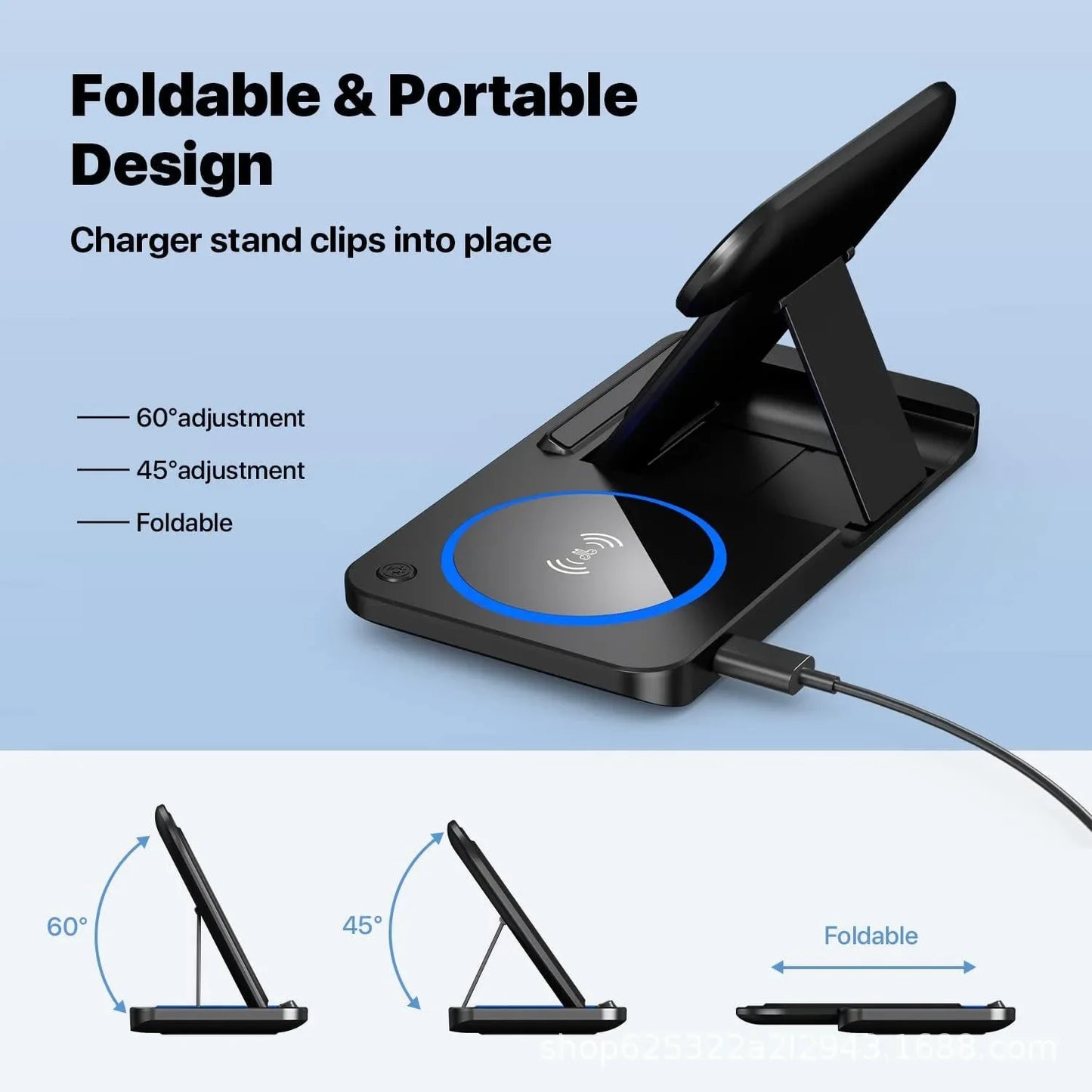 30W LED Fast Wireless Charger Stand 3 in 1 Foldable Charging Station for IPhone 11 Through  Apple Watch 9 8 7 6 5 Airpods Pro