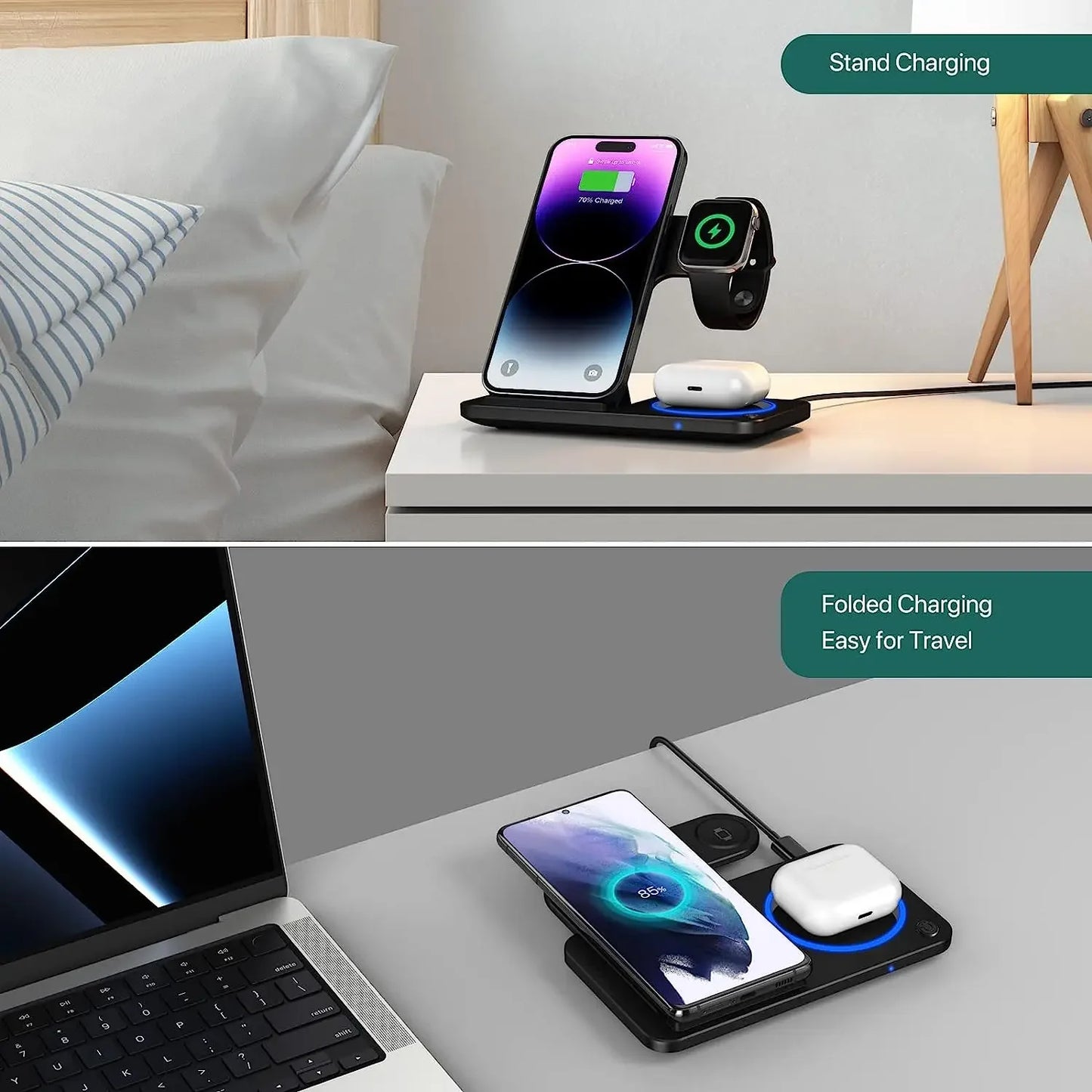 30W LED Fast Wireless Charger Stand 3 in 1 Foldable Charging Station for IPhone 11 Through  Apple Watch 9 8 7 6 5 Airpods Pro