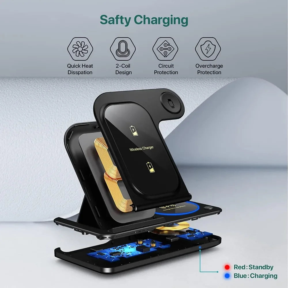 30W LED Fast Wireless Charger Stand 3 in 1 Foldable Charging Station for IPhone 11 Through  Apple Watch 9 8 7 6 5 Airpods Pro
