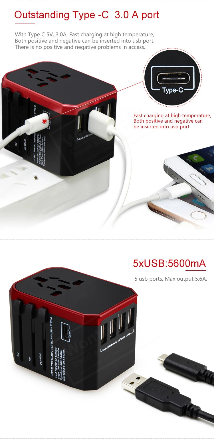 Melery Travel Smart Adapter International Plug Adaptor Wall USB Type C Charger.