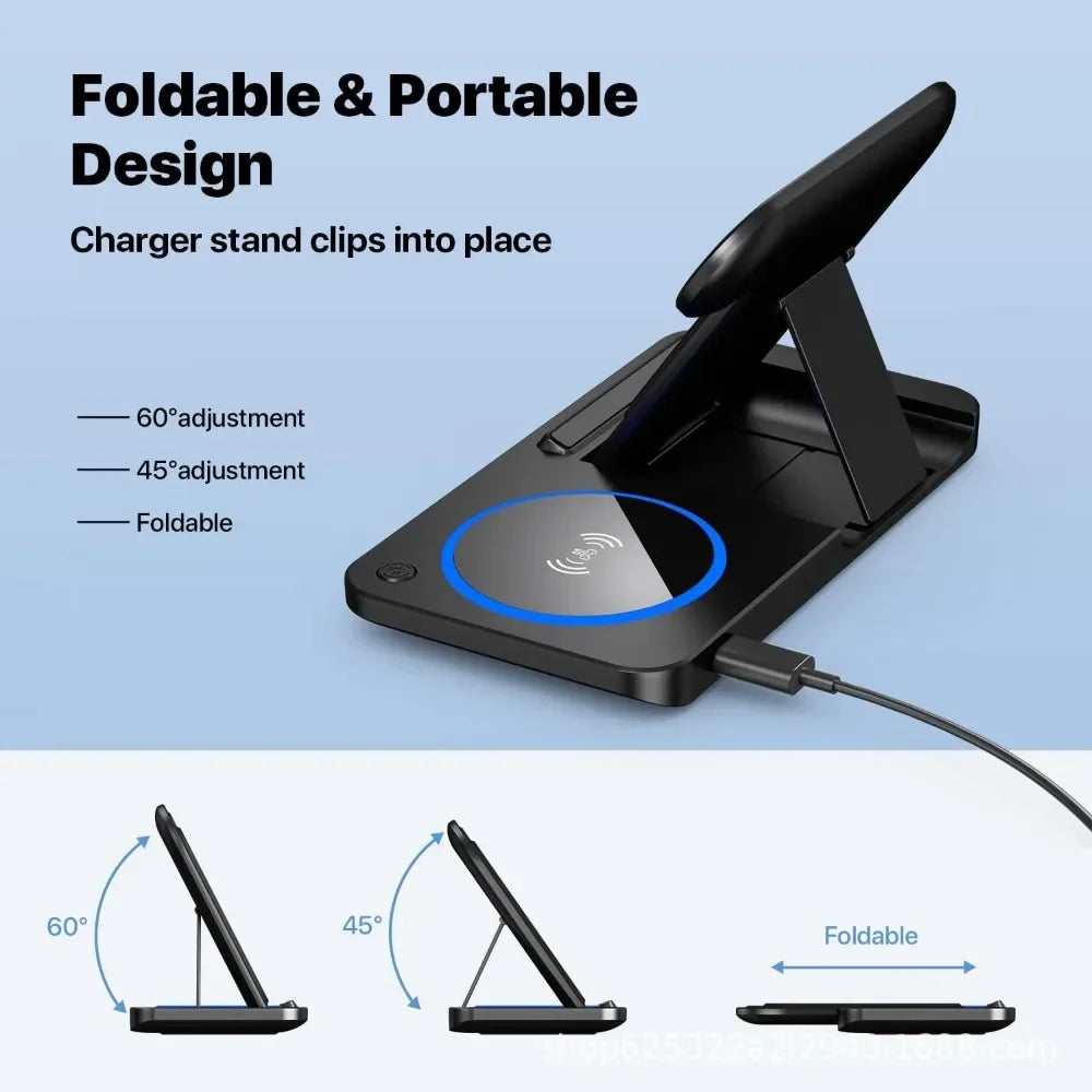 30W LED Fast Wireless Charger Stand 3 in 1 Foldable Charging Station for IPhone 11 Through  Apple Watch 9 8 7 6 5 Airpods Pro