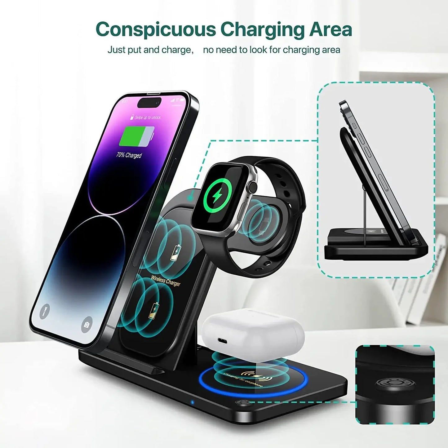 30W LED Fast Wireless Charger Stand 3 in 1 Foldable Charging Station for IPhone 11 Through  Apple Watch 9 8 7 6 5 Airpods Pro